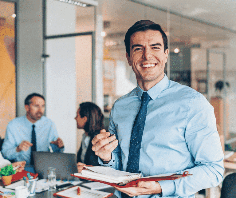 Loan officer reviewing his notebook for tips