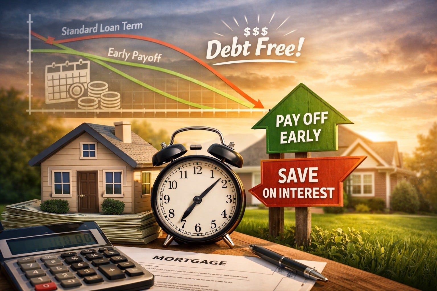 Early mortgage payoff illustration showing a home, calculator, and clock with graphs comparing standard loan terms versus early payoff and interest savings.