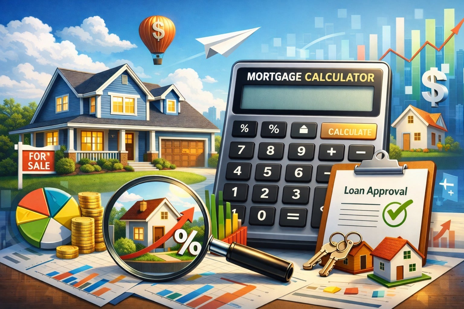 Mortgage calculator with real calculator, home, charts, and loan approval icons illustrating home loan affordability and payment analysis