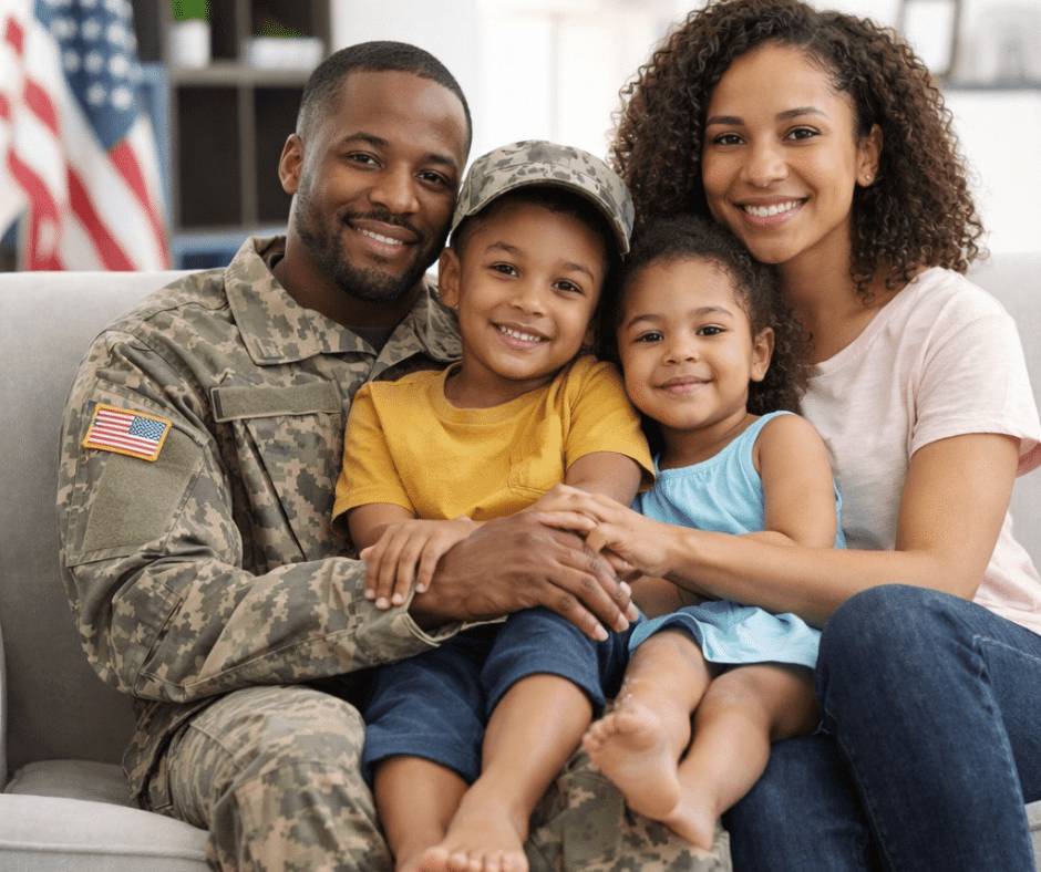 Active duty soldier, who just got approved for a VA loan, and his family.