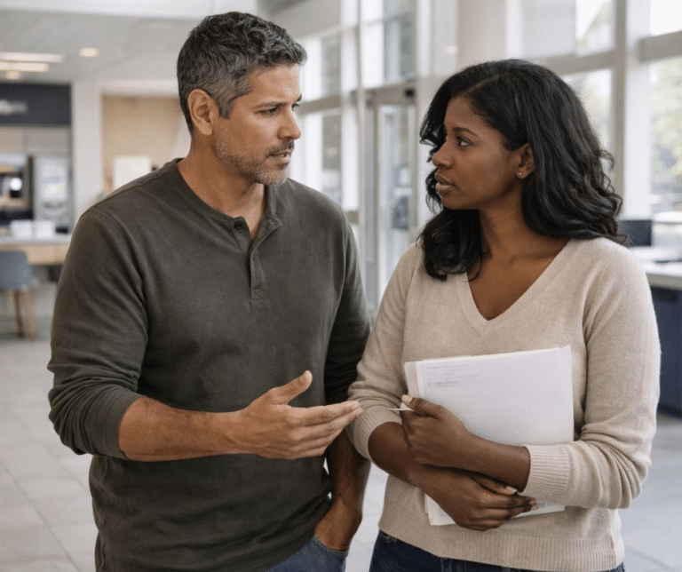Husband and wife standing in a bright bank lobby discussing mortgage refinance paperwork and financial options