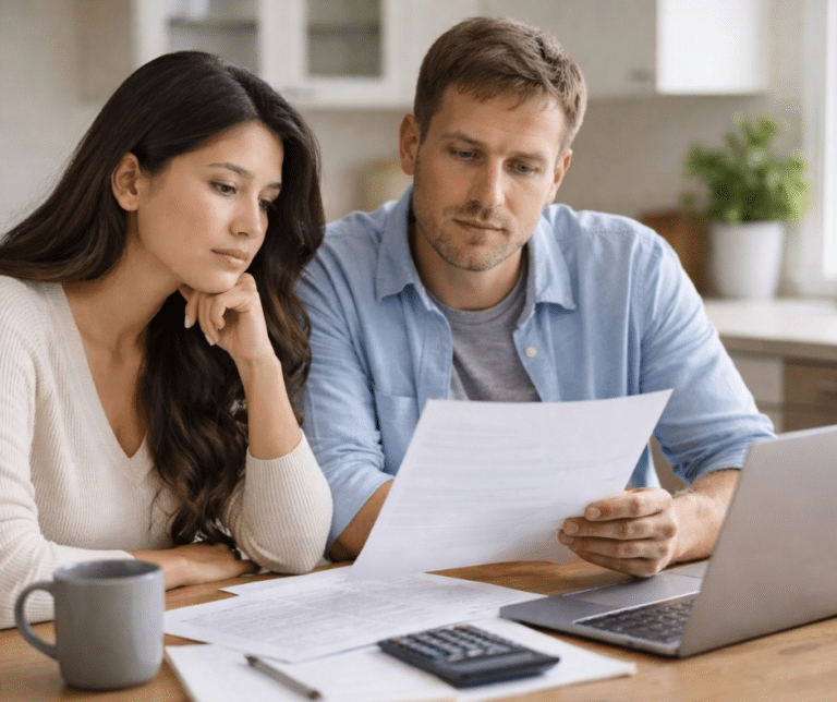Couple sitting at a kitchen table reviewing mortgage paperwork and a laptop in a bright home.